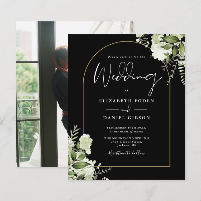 Papier Budget Arc d'or noir floral photo mariage Invitati (Devant / Derrière)