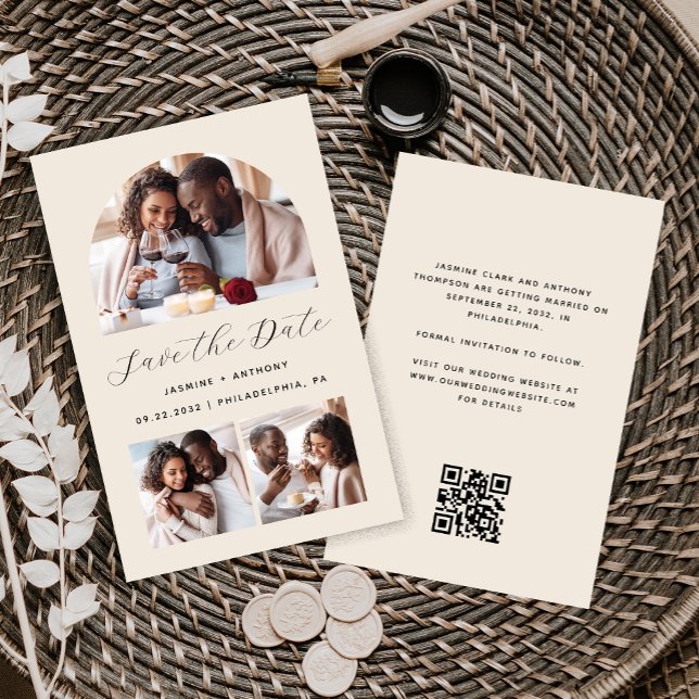 Papier Budget Arch 3-Photo Beige Code QR Save the Date (Créateur téléchargé)