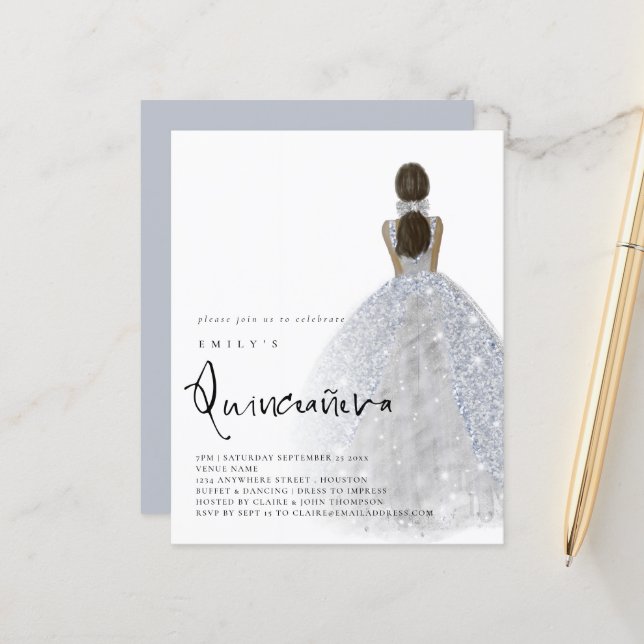 Papier Budget Argent Gown Dark Hair QR Quinceañera (Devant/Arrière en situation)
