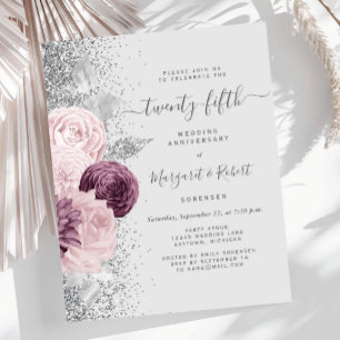 Papier Budget Argent Mauve Floral 25e Anniversaire