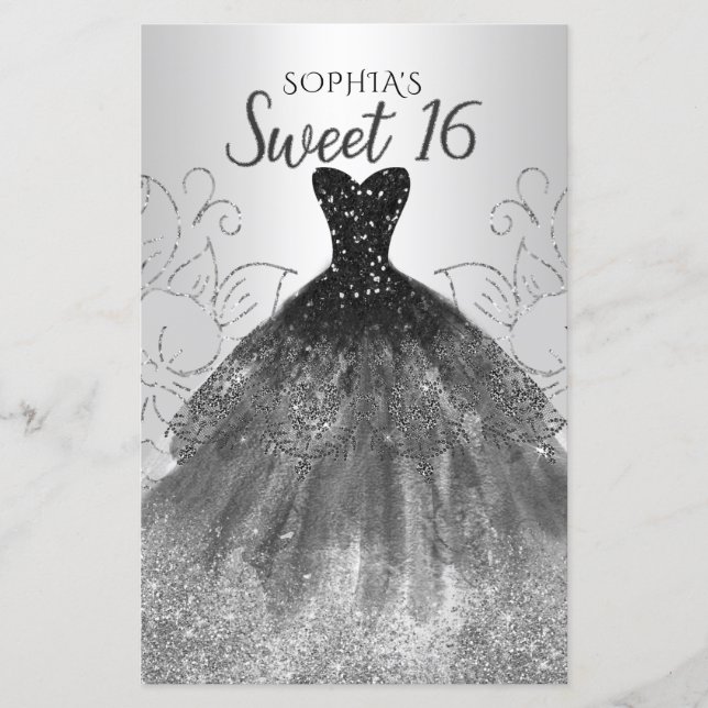 Papier Budget Argent Robe Noire Sweet 16 Invitation (Devant)