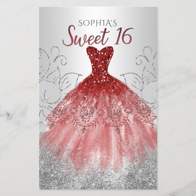 Papier Budget Argent Robe Rouge Sweet 16 Invitation (Devant)