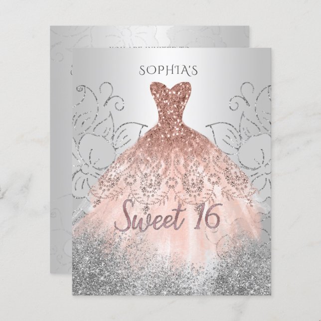 Papier Budget Argent Rose Robe Or Sweet 16 Invitation (Devant / Derrière)