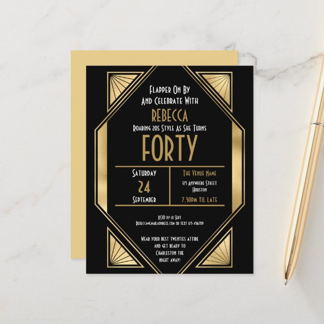 Papier Budget Art déco 40e anniversaire Gold Invitation n (Devant/Arrière en situation)