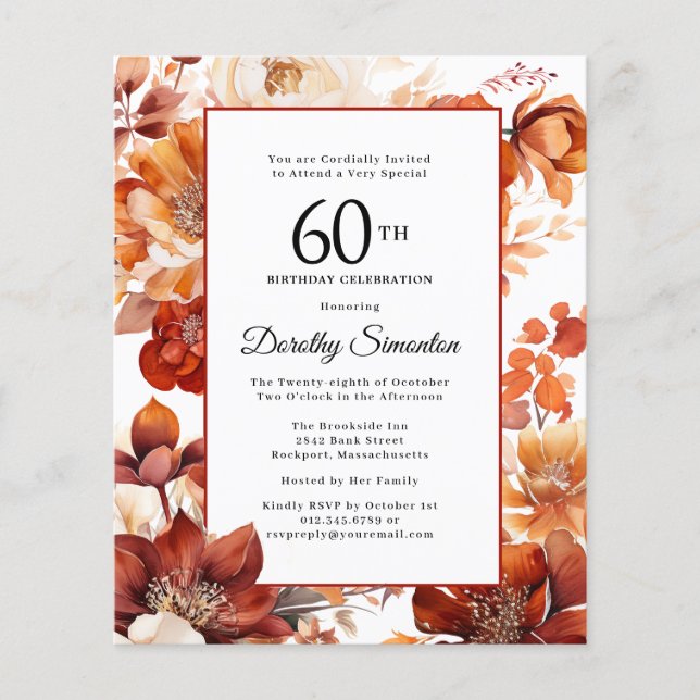 Papier Budget Automne Fleurs 60e anniversaire Invitation (Devant)