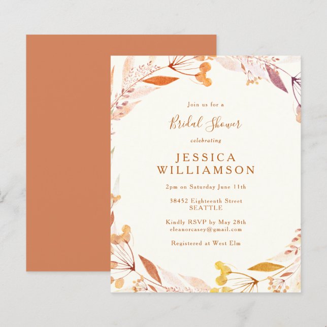 Papier Budget Automne Floral Aquarelle Boho Fête des mari (Devant / Derrière)