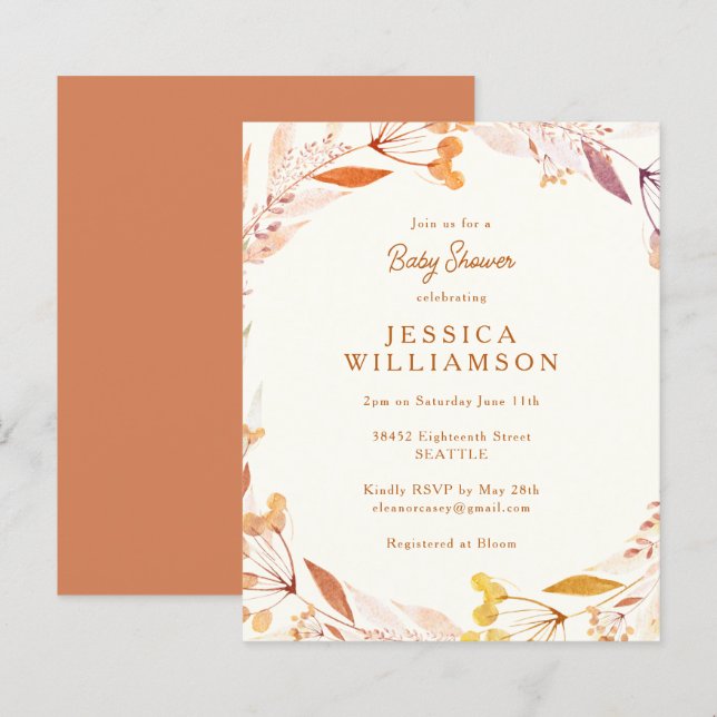 Papier Budget Automne Floral Boho Baby shower Invitation (Devant / Derrière)