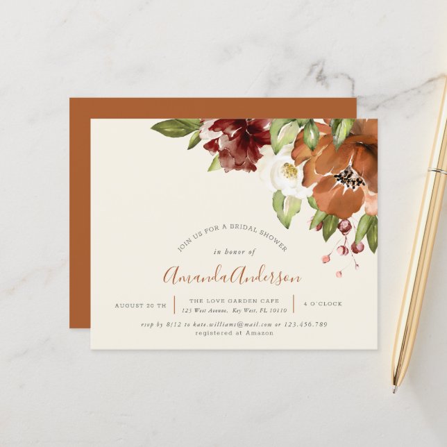 Papier Budget Automne Floral Ivory Fête des mariées Invit (Devant/Arrière en situation)