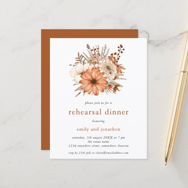 Papier Budget Automne Florals Répétition Dîner Invitation (Devant/Arrière en situation)