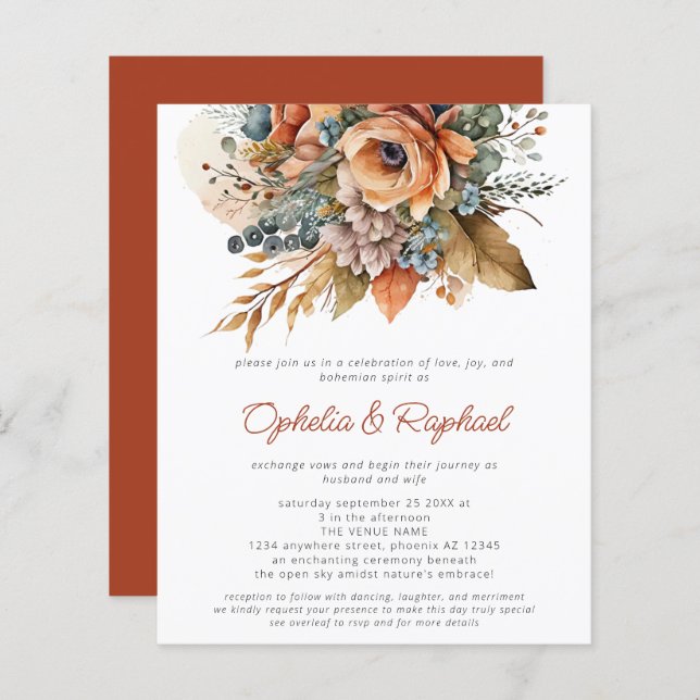 Papier Budget Automne Florals Terracotta Boho Mariage (Devant / Derrière)