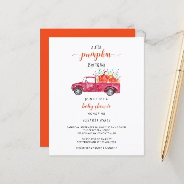 Papier Budget Automne Petit Baby shower Citrouille Camion (Devant/Arrière en situation)