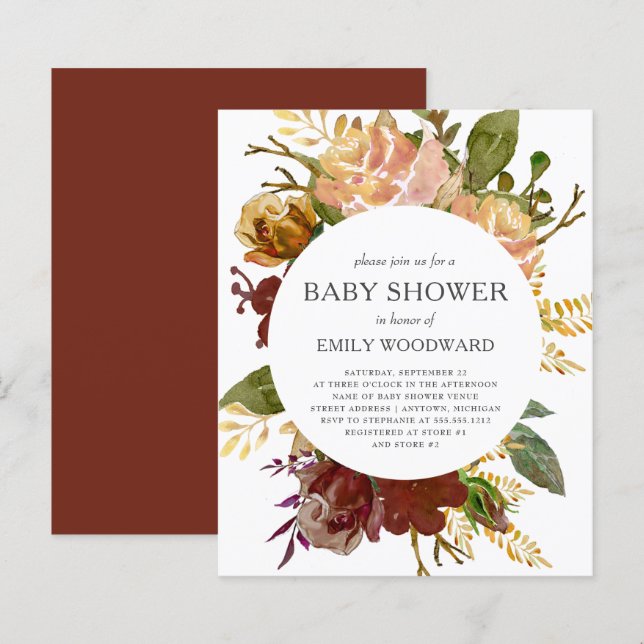 Papier Budget Automne Rustique Floral Baby shower Invitat (Devant / Derrière)