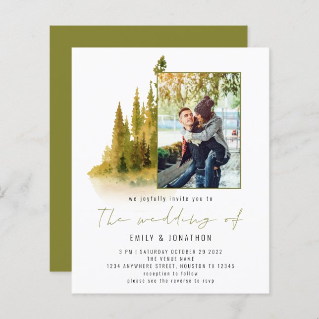 Papier Budget Autumn Forest Photo QR Olive Wedding Invita (Devant / Derrière)