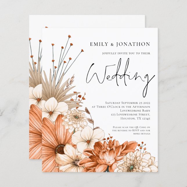 Papier Budget Autumnal Florals Script Wedding Invitation (Devant / Derrière)