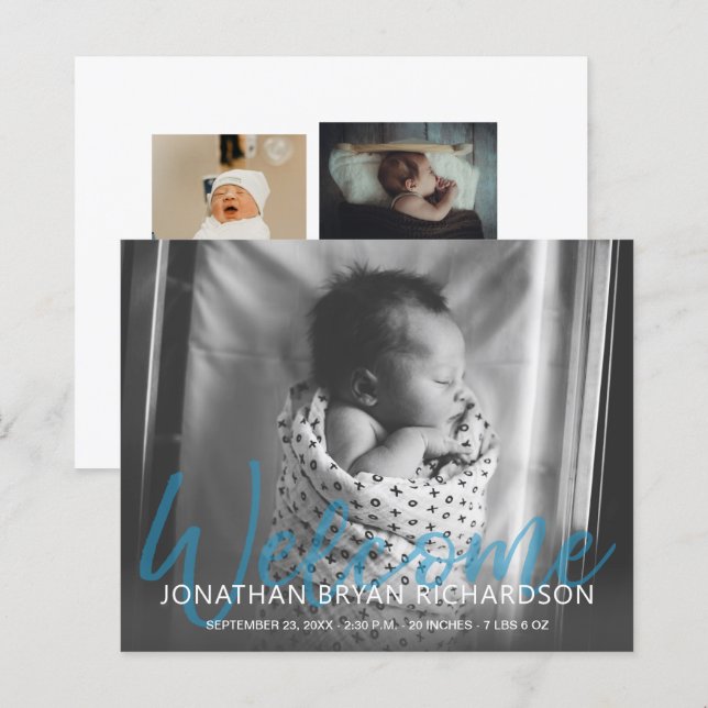 Papier Budget B&W Blue Welcome Photo Baby Faire-part (Devant / Derrière)