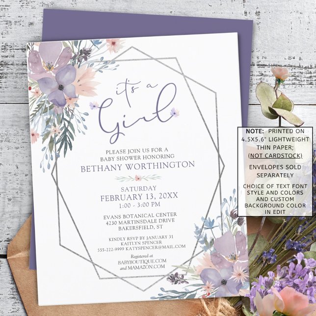 Papier Budget Baby Girl Douche Violet Floral Invitation (Créateur téléchargé)