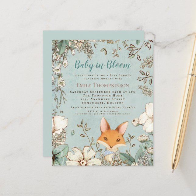 Papier Budget Baby In Bloom Fox Boy Baby shower Invitatio (Devant/Arrière en situation)