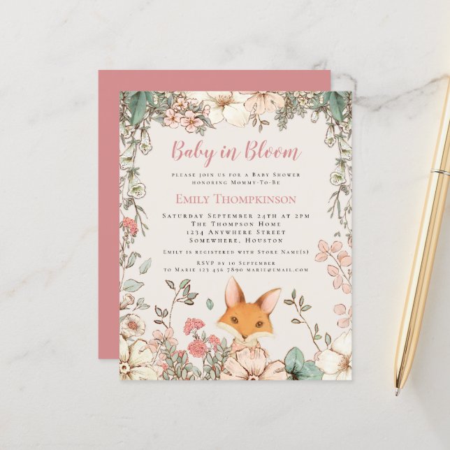 Papier Budget Baby In Bloom Fox Girl Baby shower Invitati (Devant/Arrière en situation)