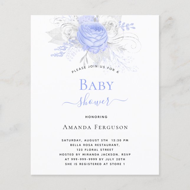 Papier Budget Baby shower bleu floral argent blanc garçon (Devant)