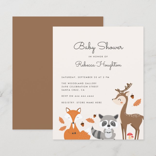 Papier Budget Baby shower des animaux forestiers neutres  (Devant / Derrière)