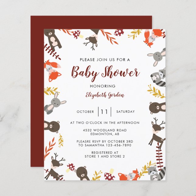 Papier Budget Baby shower des bois Forêt mite Neutre (Devant / Derrière)