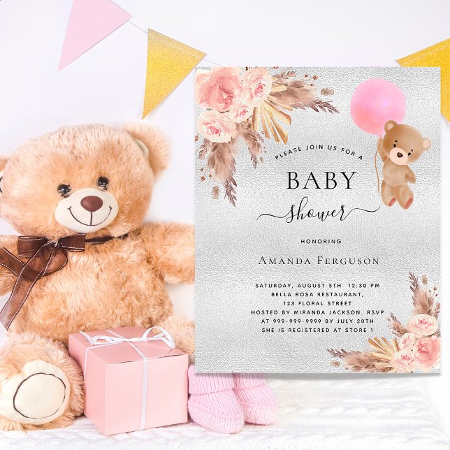 Papier Budget Baby shower fille pampas herbe teddy argent (Créateur téléchargé)