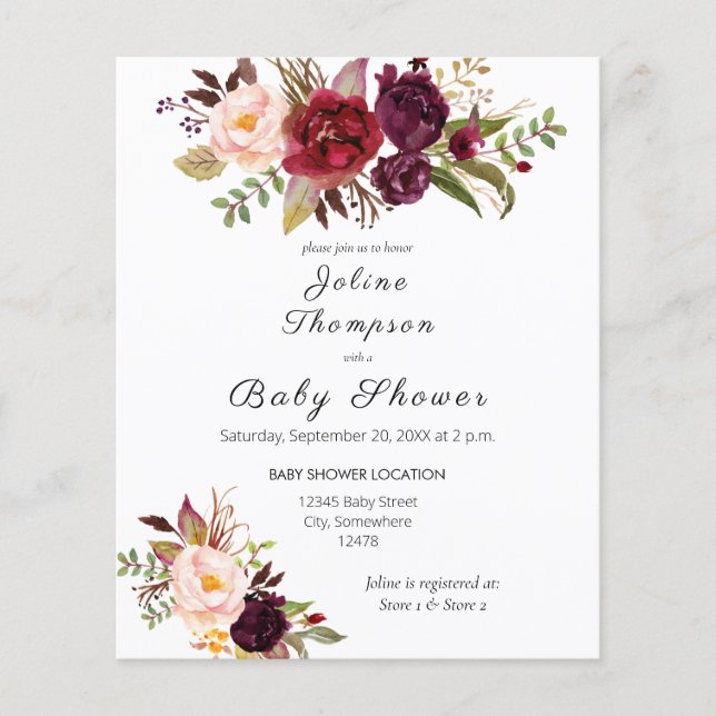 Papier Budget Baby shower floral de Bourgogne Marsala (Devant)