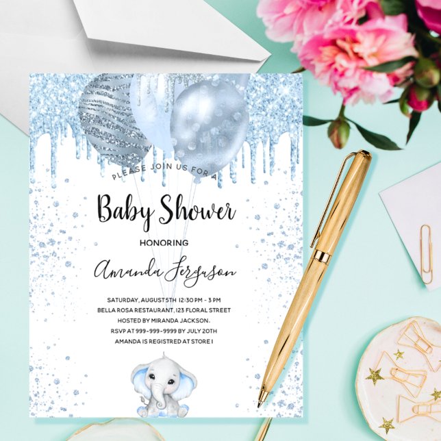 Papier Budget Baby shower garçon bleu éléphant invitation (Créateur téléchargé)