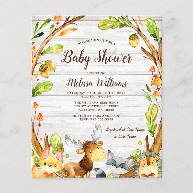 Papier Budget Baby shower Rustique des animaux de bois (Devant)