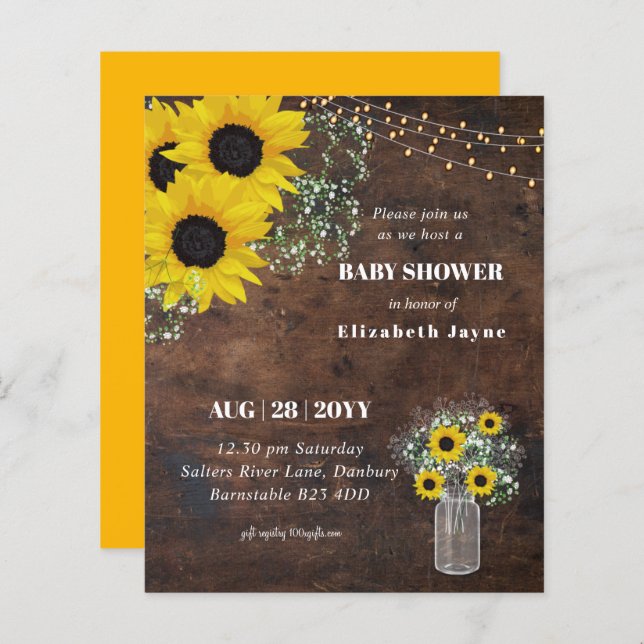 Papier BUDGET Baby shower rustique tournesol Invitation (Devant / Derrière)