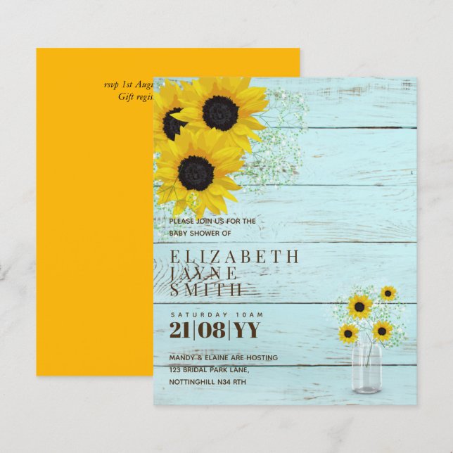 Papier BUDGET Baby shower rustique tournesol Invitation (Devant / Derrière)