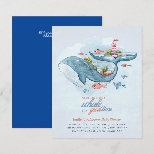 Papier BUDGET Baby shower Sea Life Whale Boys Invitation  (Devant / Derrière)