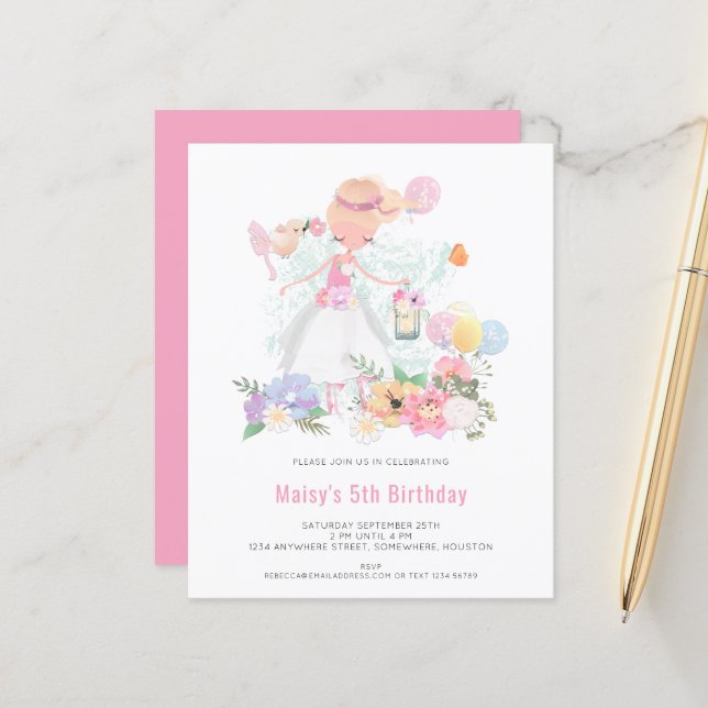 Papier Budget Ballerina Rose Girl 5e anniversaire Invitat (Devant/Arrière en situation)