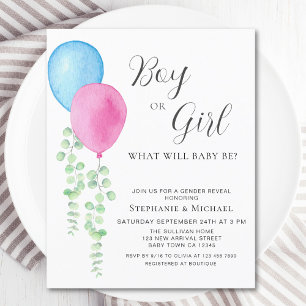 Papier Budget Ballons bleu rose Invitation de déclaration