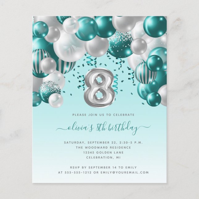 Papier Budget Balloon Arch Turquoise Argent 8e anniversai (Devant)
