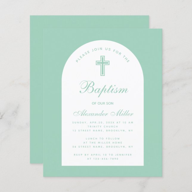 Papier Budget Baptême Arc Mint Christening Invitation (Devant / Derrière)
