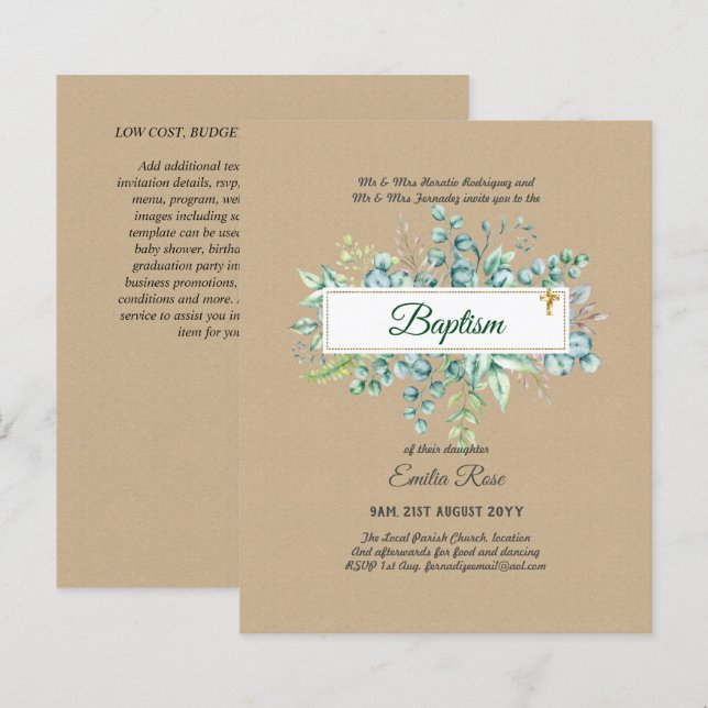 Papier BUDGET Baptême Bautizo Baptême VÉGÉTATION Invitati (Devant / Derrière)