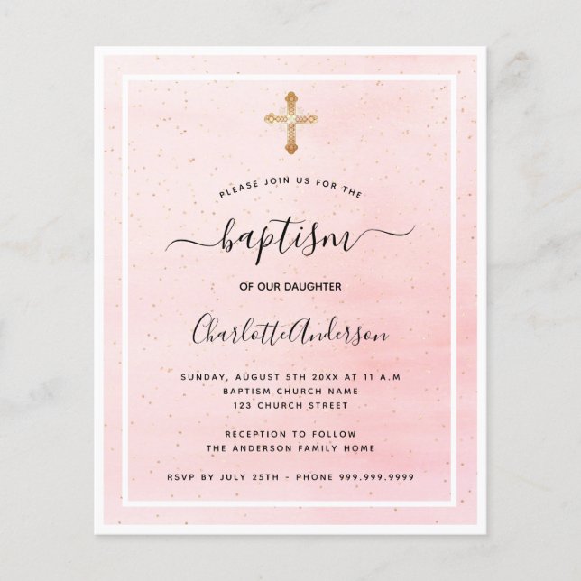 Papier Budget baptême blush rose or fille invitation (Devant)