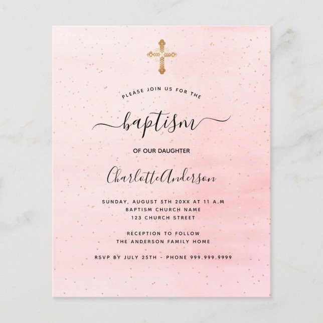 Papier Budget baptême blush rose or fille invitation (Devant)