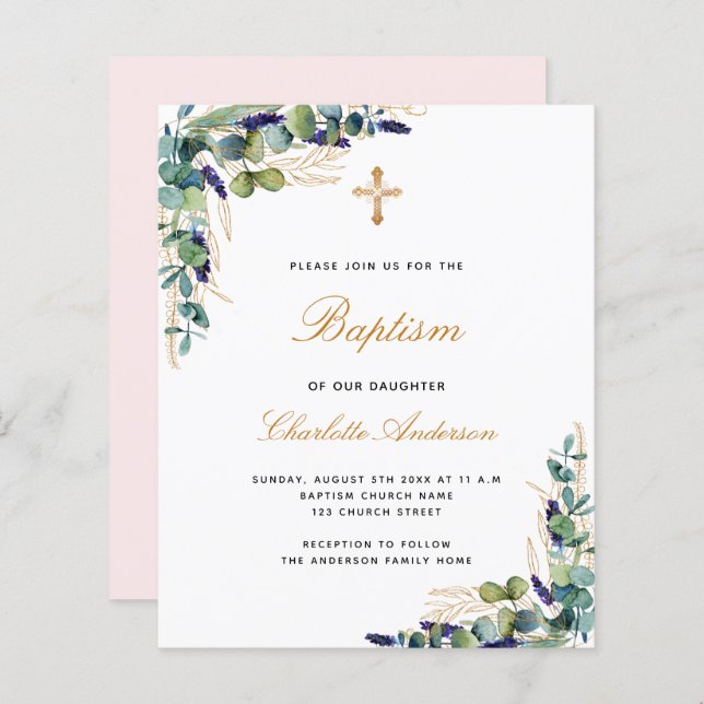 Papier Budget Baptême eucalyptus invitation verte rose (Devant / Derrière)