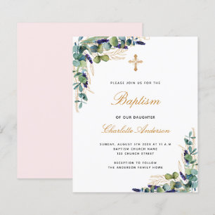Papier Budget Baptême eucalyptus invitation verte rose