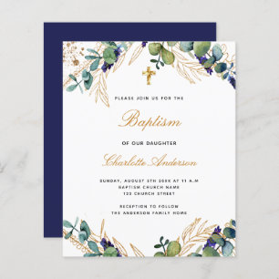 Papier Budget baptême eucalyptus marine invitation bleue