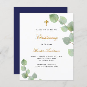 Papier Budget baptême eucalyptus or bleu invitation
