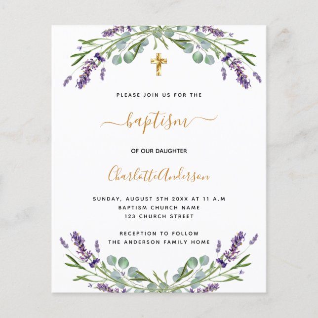 Papier Budget baptême lavande eucalyptus invitation (Devant)
