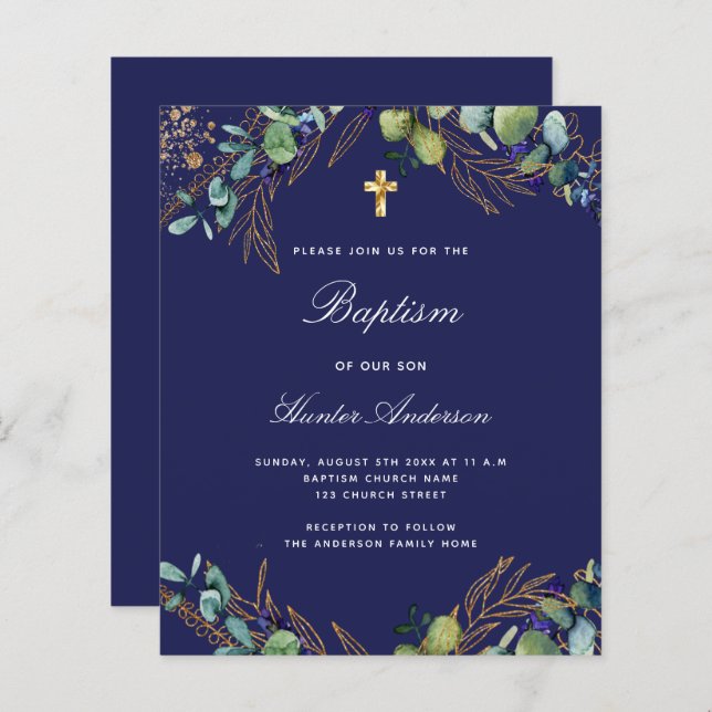 Papier Budget baptême marine bleu eucalyptus invitation (Devant / Derrière)