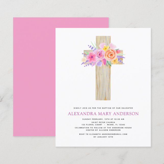 Papier Budget Baptême Pastel Floral Rose Croix (Devant / Derrière)