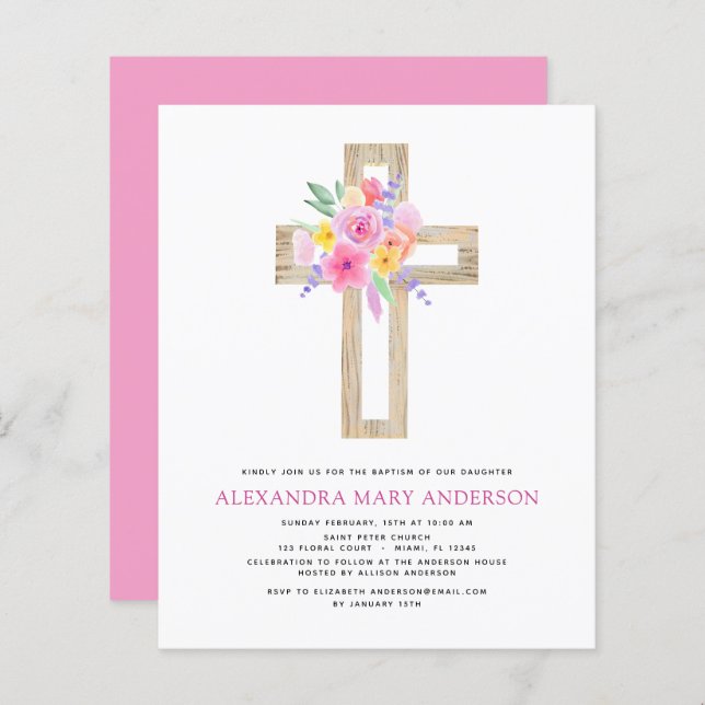 Papier Budget Baptême Pastel Floral Rose Croix (Devant / Derrière)