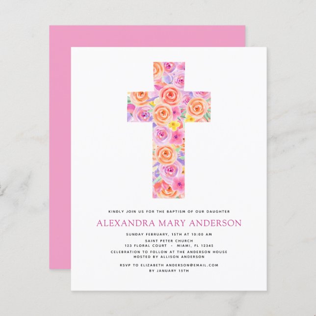 Papier Budget Baptême Pastel Floral Rose Croix (Devant / Derrière)