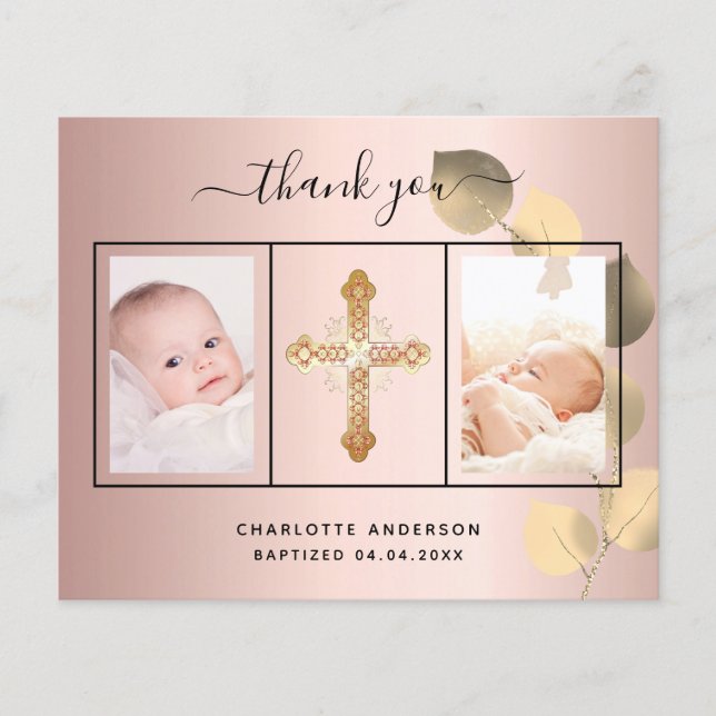 Papier Budget baptême rose eucalyptus photo merci (Devant)