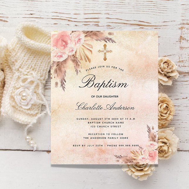 Papier Budget baptême rose gênée herbe de pampa script (Créateur téléchargé)